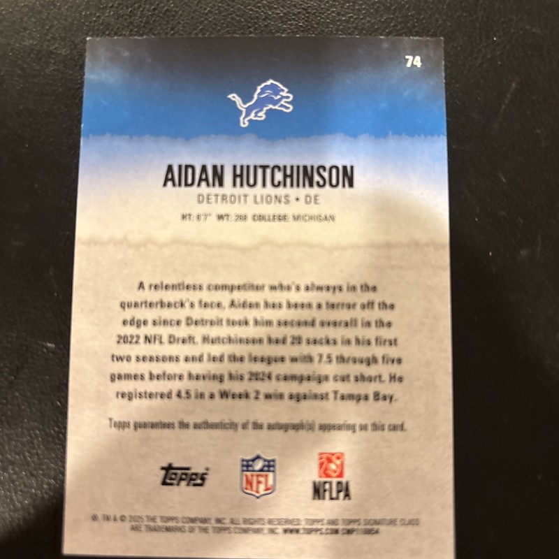 AIDAN HUTCHINSON 2025 TOPPS SIGNATURE CLASS PURPLE FOIL #/100 AUTO LIONS DE gallery