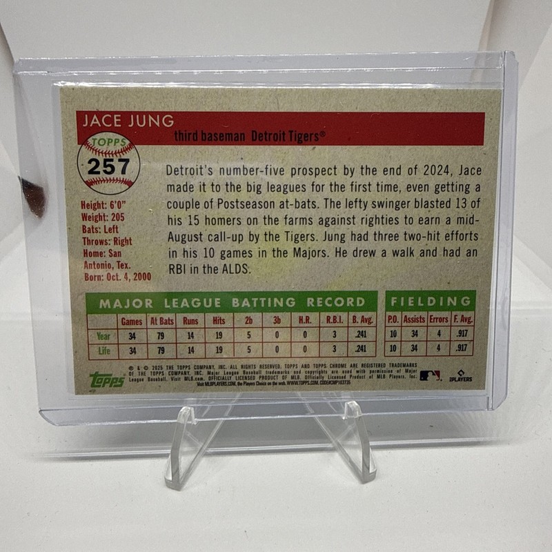 2025 Topps Chrome PLATINUM~#357⭐️JACE JUNG⭐{RC}《"Toile White/GREEN"》#/99~TIGERS gallery