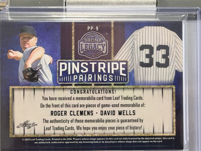 2024 Leaf Bronx Legacy Purple Roger Clemens & David Wells GAME-USED JERSEY /45 gallery