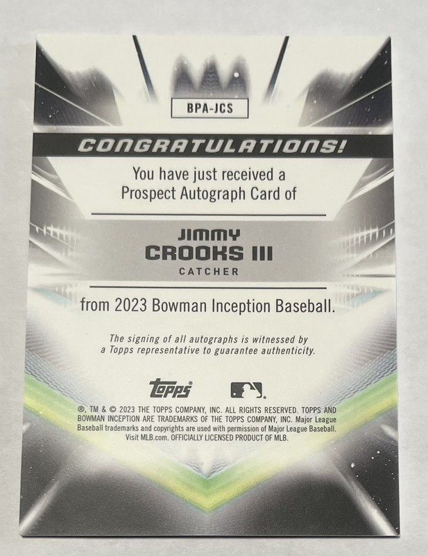 Jimmy Crooks III 2023 Bowman Inception On Card Rookie Auto /399 Cardinals RC gallery
