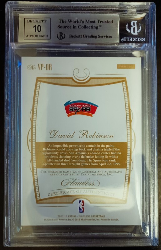 DAVID ROBINSON-2017/18 Flawless Gold (#8/10) 3-COLOR PATCH JERSEY/AUTO BGS:9/10 gallery