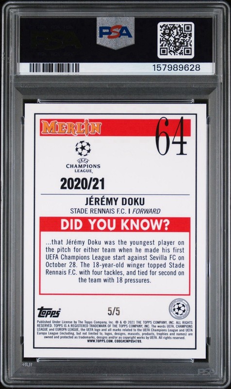 2020-21 Topps Chrome Merlin UCL Jeremy Doku Red Wave /5 RC PSA 10 Pop 1 gallery