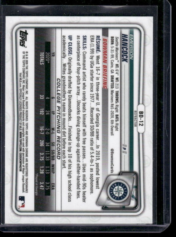 2020 Bowman Draft #BD-12 Emerson Hancock Chrome Refractor gallery