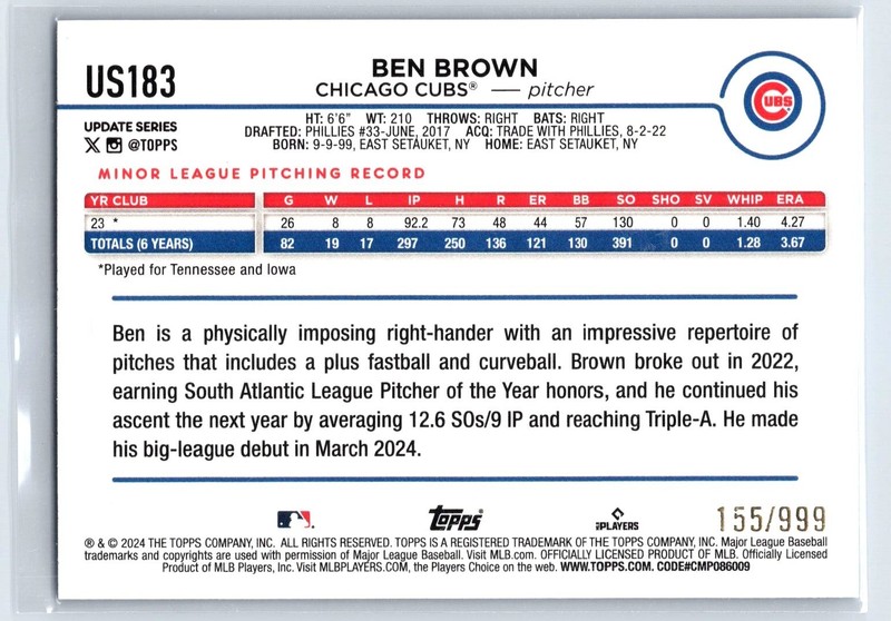 2024 Topps Update Series ROOKIE Ben Brown #US183 Blue Holo Foilboard # /999 RC gallery