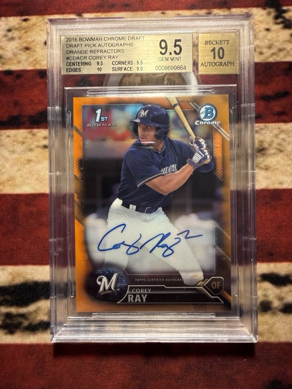 Topps 2016 Bowman Chrome Draft Corey Ray CDA-CR Orange /25 RC Auto BGS 9.5