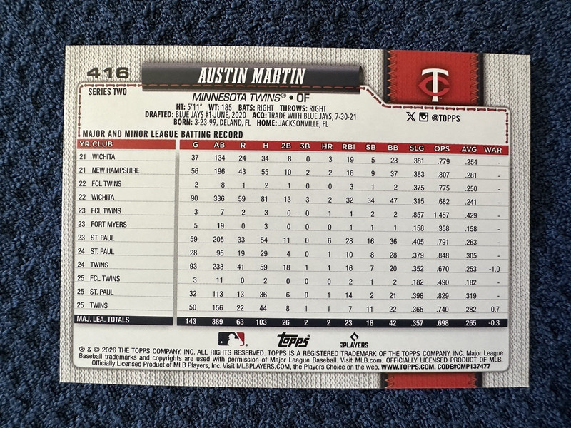 2026 Topps Series 2 - Austin Martin Rainbow Foil #416 Twins gallery
