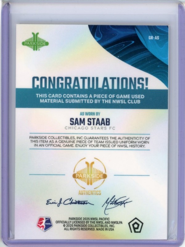 2025 PARKSIDE PACIFIC NWSL GAME WORN PATCH SAM STAAB gallery