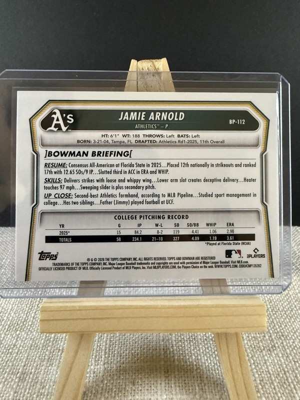 2026 Bowman Jamie Arnold #BP-112 Green /99 Athletics Color Match gallery