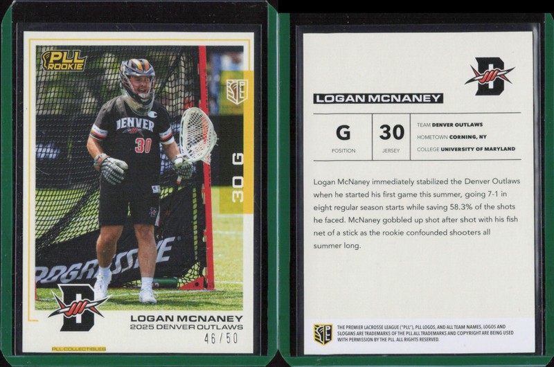 2025 PLL Collectibles Premier Lacrosse Yellow #8 Logan McNaney Outlaws /50