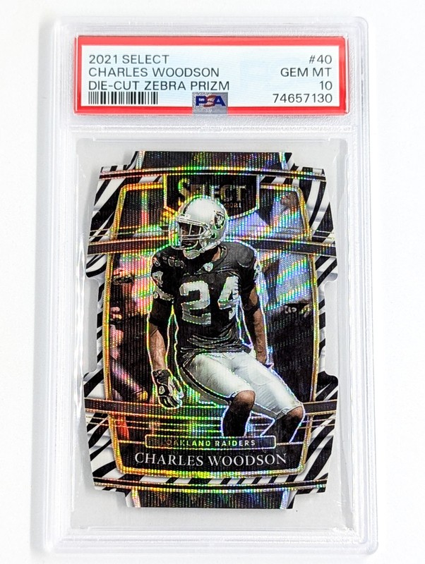 2021 Panini Select Die-Cut Zebra Prizm #40 Charles Woodson PSA 10 Raiders HOF