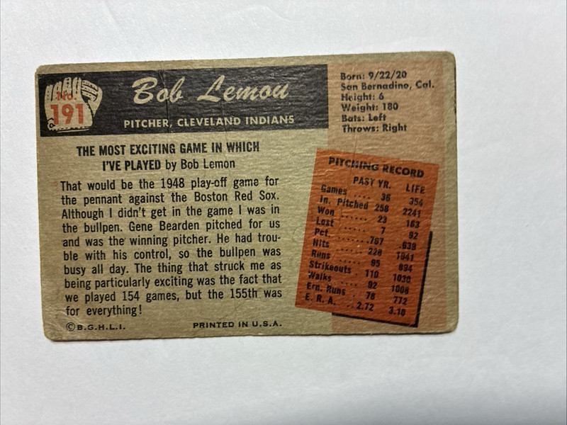 1955 Bowman #191 - Bob Lemon (Lower Grade) gallery