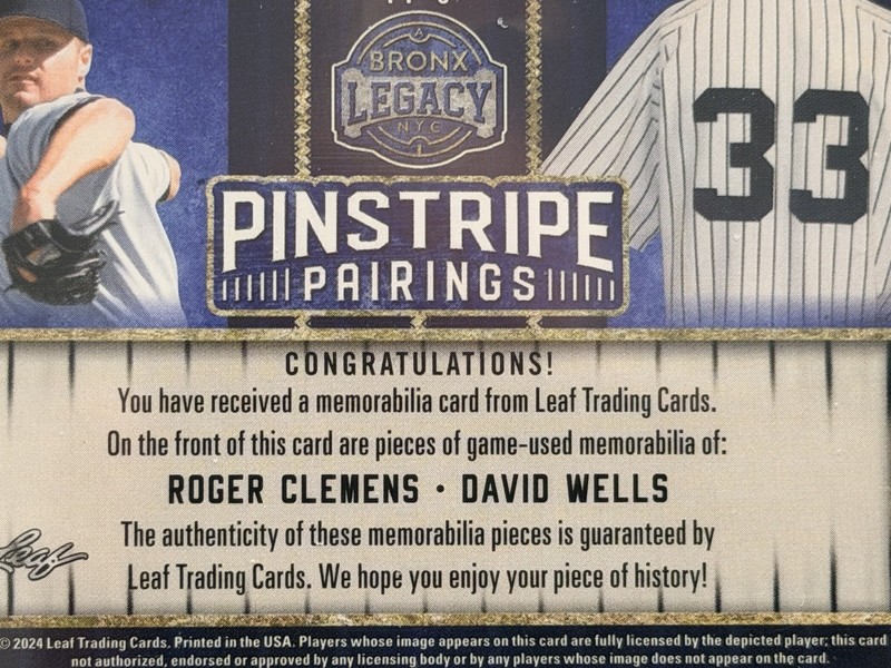2024 Leaf Bronx Legacy Purple Roger Clemens & David Wells GAME-USED JERSEY /45 gallery