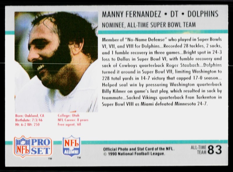 Manny Fernandez, 1990-91 Pro Set Super Bowl XXV Silver, #83, Miami Dolphins, gallery
