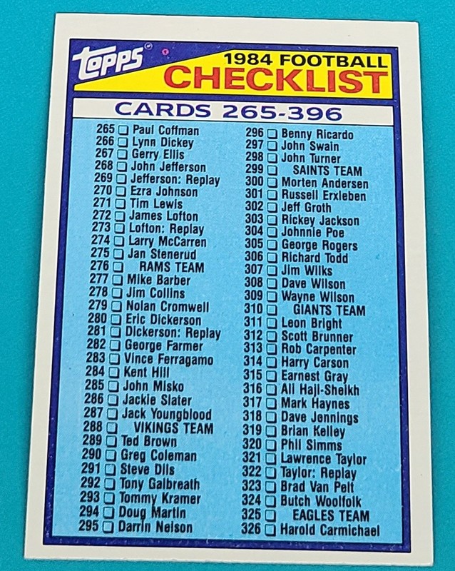 1984 Topps #396 Checklist 265-396 CL Football Card H5