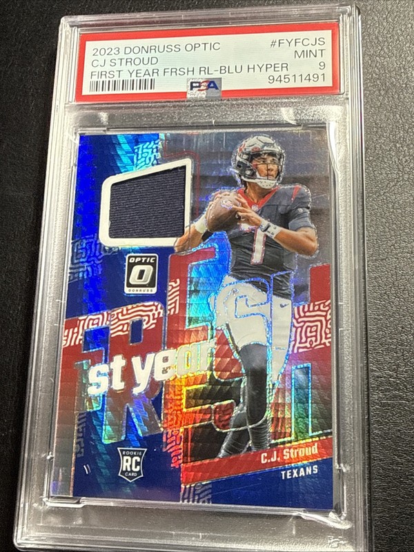 2023 Donruss Optic CJ Stroud First Year Fresh RC Jersey Blue Hyper FYF-CJS PSA 9