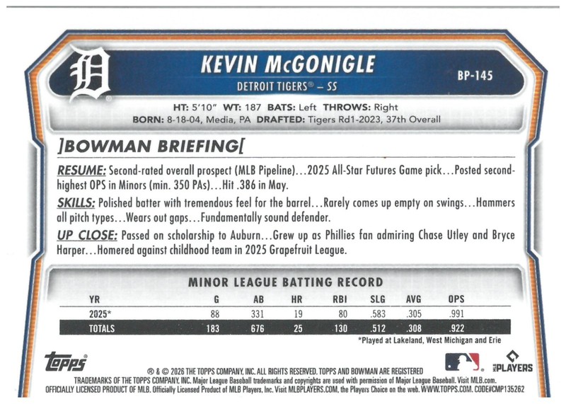 2026 Bowman Baseball Prospects BP-145 Kevin McGonigle, Detroit Tigers gallery
