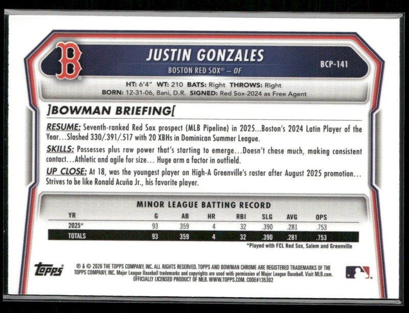 2026 Bowman #BCP-141 Justin Gonzales Chrome Prospects Lazer Refractor gallery