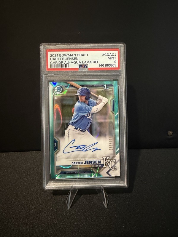 Topps 2021 Bowman Draft Carter Jensen Aqua Lava Refractor Auto PSA 9 /199 Royals