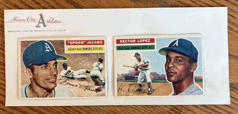 Rare 1950’s Kansas City A’s Envelope & two1955 Cards Hec Lopez/Spook Jacobs