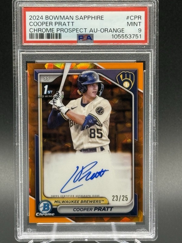 2024 Bowman Sapphire COOPER PRATT 1st Orange Refractor Auto /25 CPA-CPR PSA 9