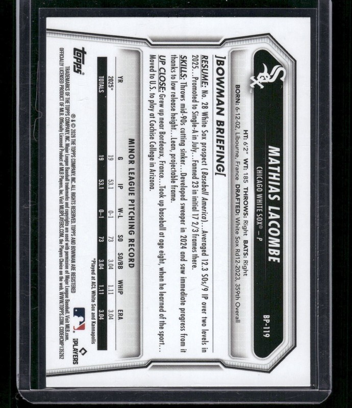 2026 Bowman #BP-119 Mathias LaCombe Prospects Green Pattern #/99 gallery