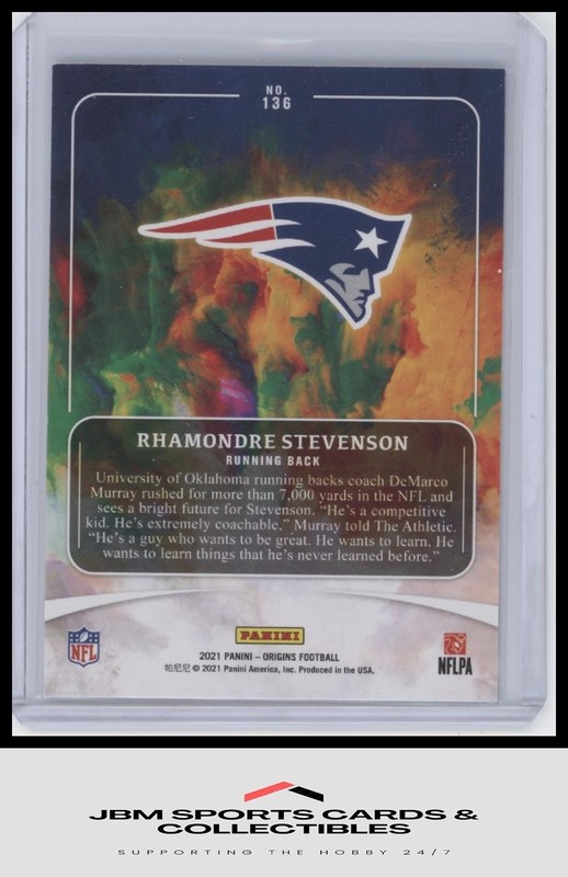 2021 Panini Origins #136 Rhamondre Stevenson Orange RC #/175 gallery