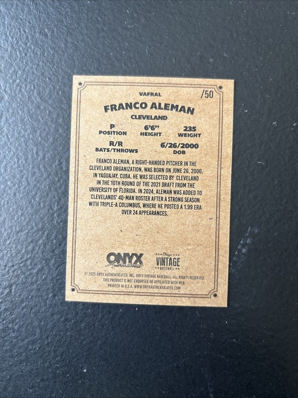 2025 Onyx Vintage - Autographs Franco Aleman #VAFRAL (AU, RC) Gray Border /50 gallery