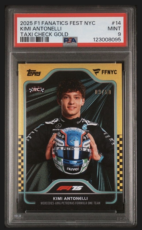 2025 Topps F1 Fanatics Fest Kimi Antonelli Rookie RC Taxi Check Gold /50 PSA 9