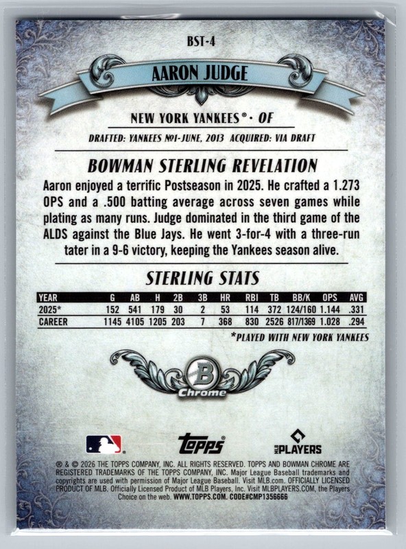 2026 Bowman #BST-4 Aaron Judge Bowman Sterling Mojo Refractors gallery