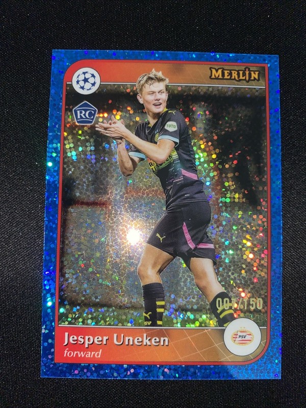 Jesper Uneken PSV Eindhoven Rookie 2025 Merlin Blue Sparkle Numbered 7/150!!!