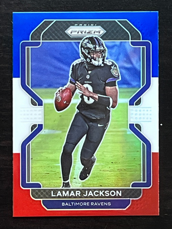 Lamar Jackson 2021 Panini Prizm Red White Blue Parallel Baltimore Ravens #282