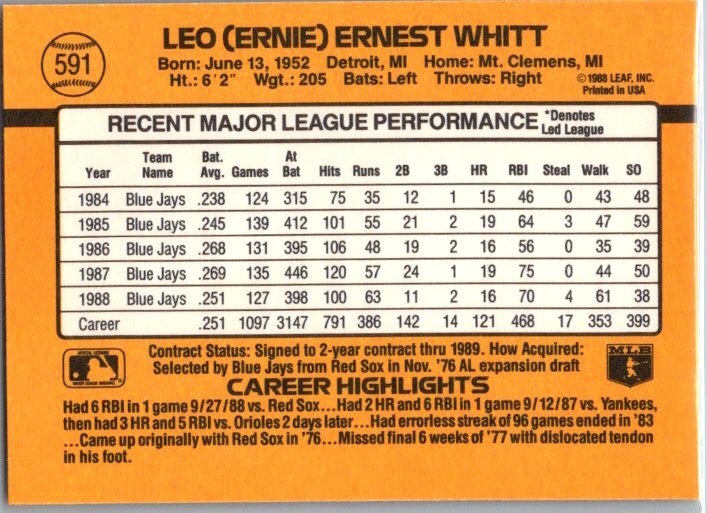 1989 Donruss #591 Ernie Whitt gallery