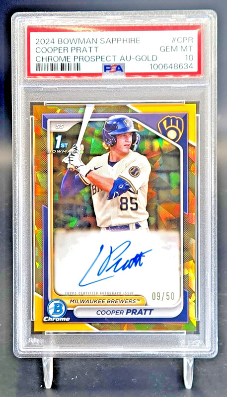 2024 Bowman Chrome Sapphire Cooper Pratt Gold /50 Auto 1st Brewers PSA 10