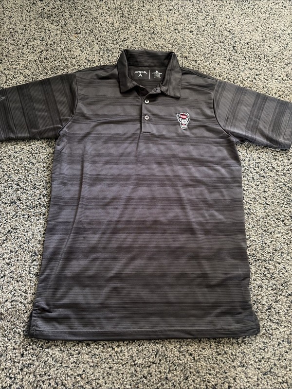 NC State Wolfpack Stripe Performance Polo Shirt Mens Small S Black Antigua