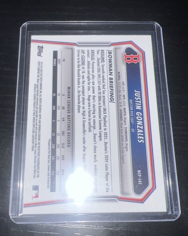 2026 Bowman Justin Gonzales 1st Bowman Fuchsia Mojo Refractor 60/299 RED SOX gallery