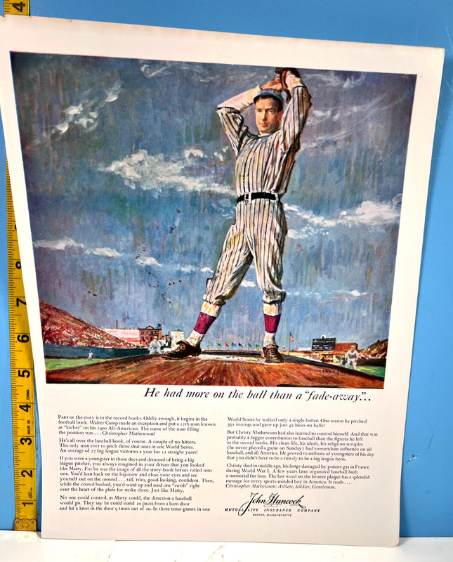 1958 Christy Mathewson “Fade Away” John Hancock Life Insurance Print Ad