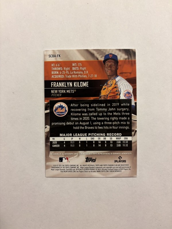 Franklyn Kilome 2021 Topps Stadium Club Rookie RC Auto ( Mets ) gallery