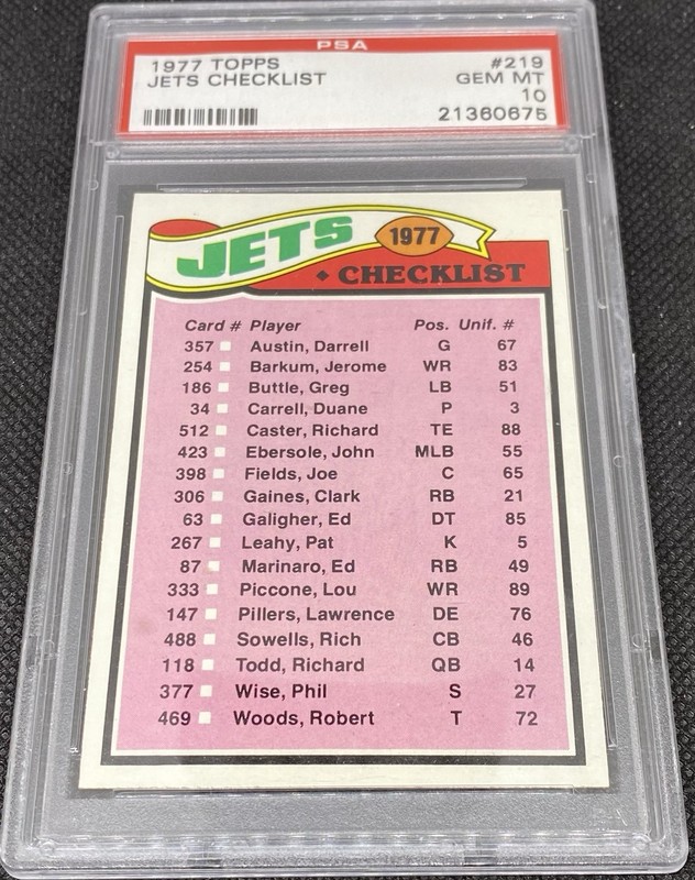 1977 Topps Football New York NY Jets Checklist #219 PSA 10 Gem Mint