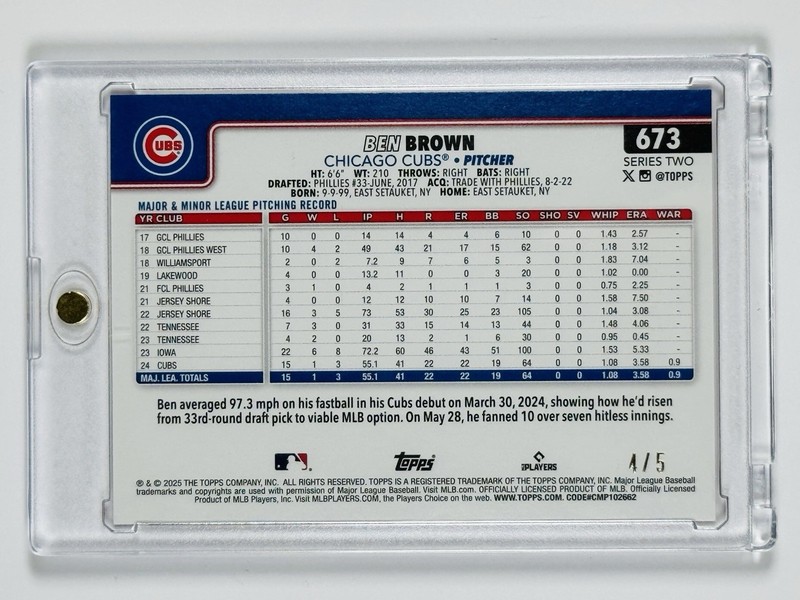 2025 TOPPS BEN BROWN #673 FUTURE STARS FIREWORKS /5 CHICAGO CUBS gallery