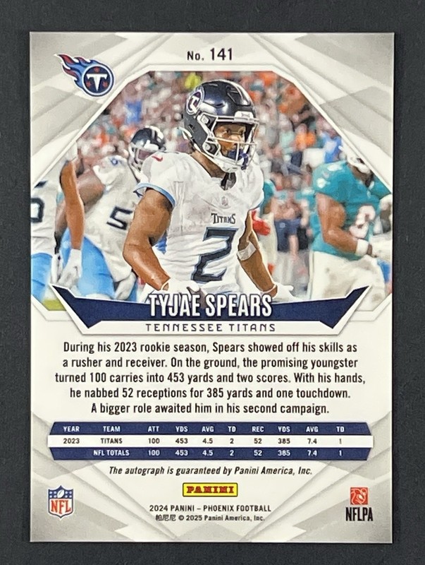 2024 Panini-Phoenix #141 Tyjae Spears Black Lazer Auto SSP Tennessee Titans gallery