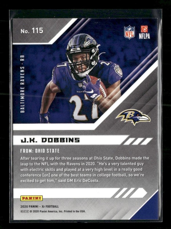 2020 Panini XR #115 J.K. Dobbins Orange #/99 RC gallery