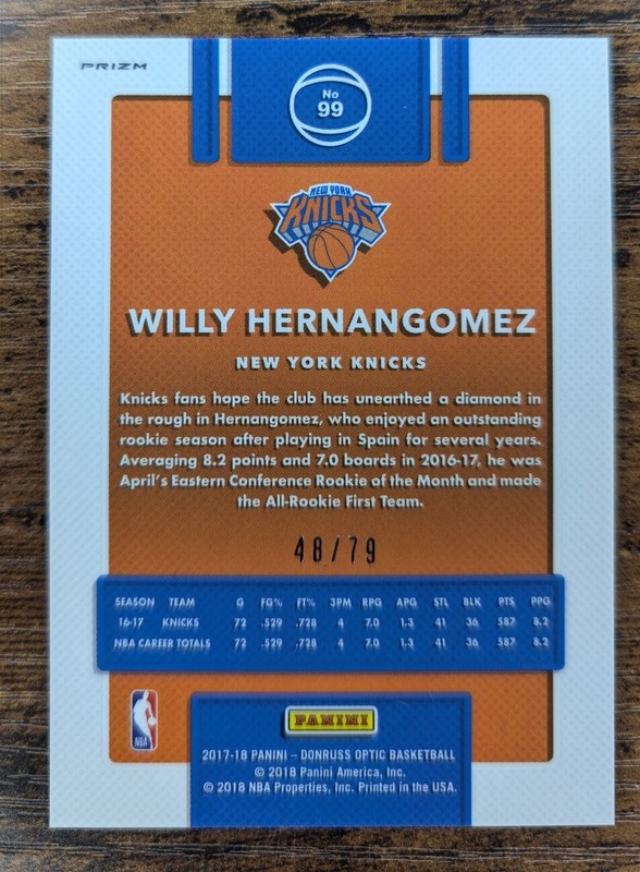 2017-18 Donruss Optic Basketball Pink Velocity #99 Willy Hernangomez /79 gallery