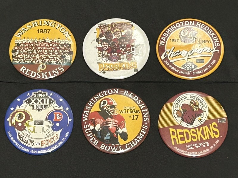 Washington Redskins Buttons Pins Super Bowl XXII 3 1/2” 1987 And 1988 Set Of 6