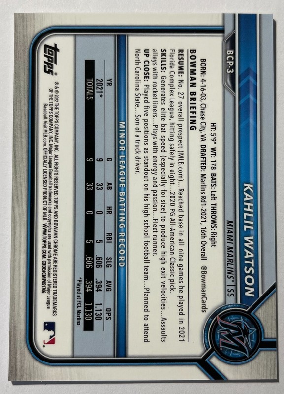 2022 Bowman Chrome Kahlil Watson Lava Refractor RC 126/399 gallery