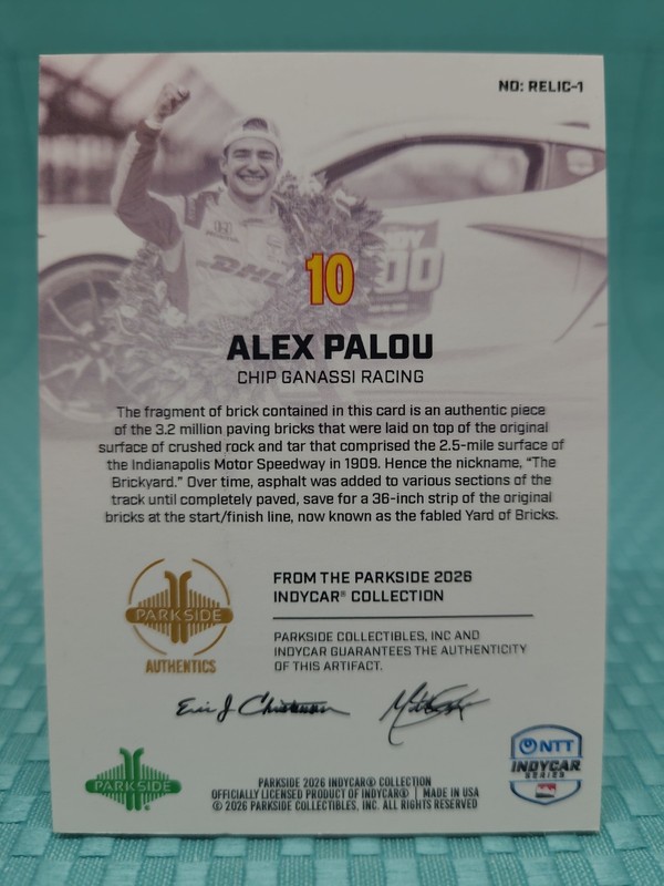 2026 Parkside Indycar Collection Alex Palou IMS Brick Relic-1 C gallery