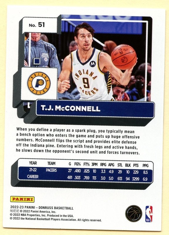 2022-23 Panini Donruss Basketball T.J. McConnell card #51 Indiana Pacers gallery
