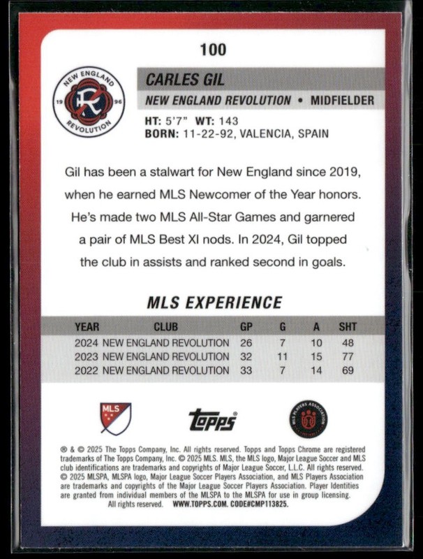2025 Topps Chrome MLS #100 Carles Gil Aqua Refractor #/199 gallery