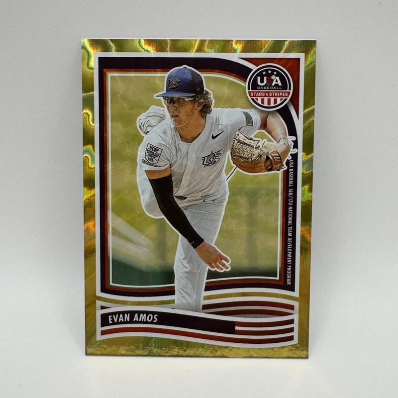 Panini 2024 Stars & Stripes Evan Amos #136 USA NTDP Gold Wave Refractor #08/10
