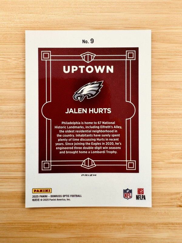 Panini 2025 Donruss Optic Uptowns Uptown Jalen Hurts Eagles #9 NFL Card gallery