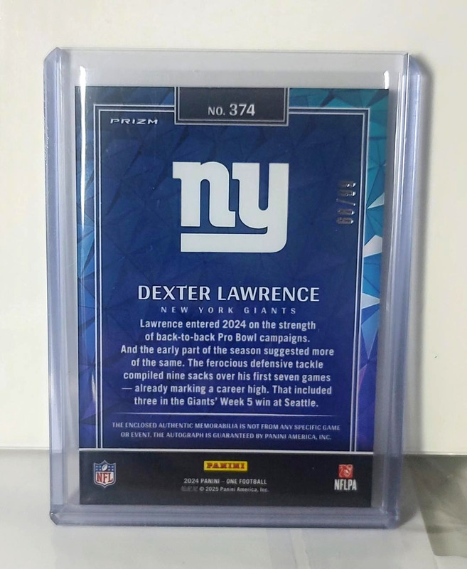 2024 Panini One Dexter Lawrence Wonderful Ones Silver Prizm Patch Auto SP /89 gallery